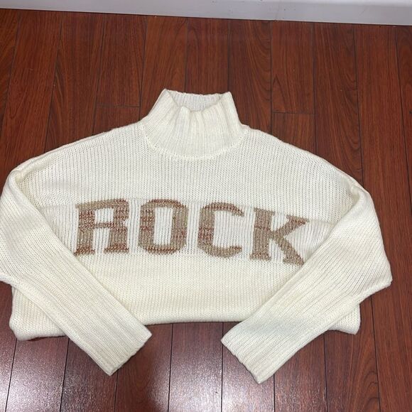 Elan ROCK Winter White Bronze Lettering Oversize Mock Neck Slouchy Sweater - L - Picture 10 of 15